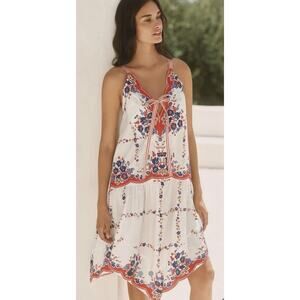 CELANDINE Drop Waist Cotton Dress Fairy Hem Vintage Tablecloth Anthro Medium NEW